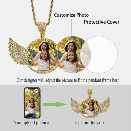 Fathers Day Gift Photo Necklacce for Men Women,Custom Photo Angel Wings Circular Pendant, Personalized Memorial Photo Pendant Necklace for Women Man