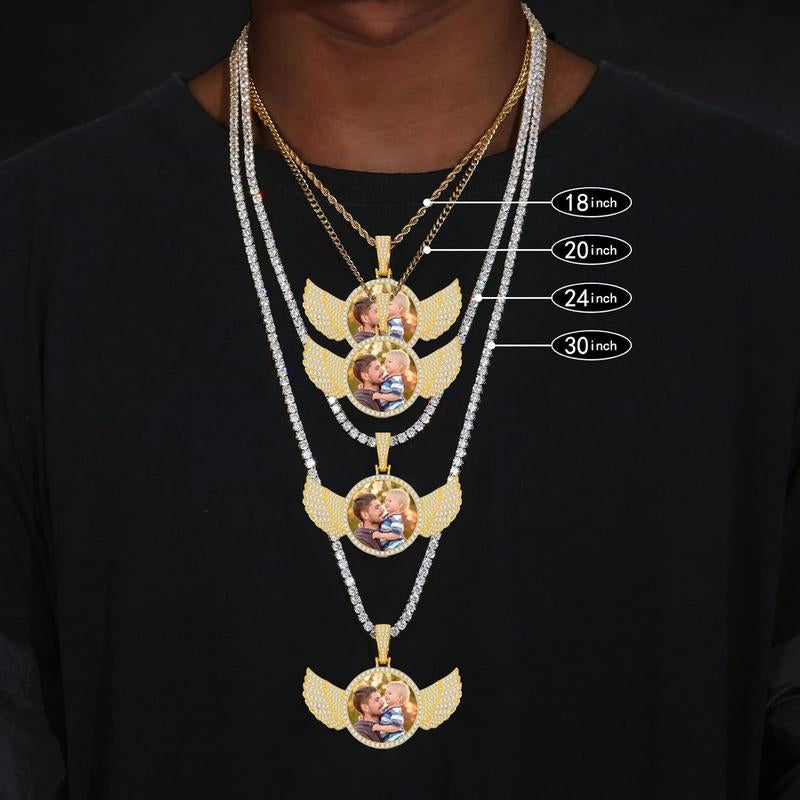 Fathers Day Gift Photo Necklacce for Men Women,Custom Photo Angel Wings Circular Pendant, Personalized Memorial Photo Pendant Necklace for Women Man