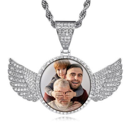 Fathers Day Gift Photo Necklacce for Men Women,Custom Photo Angel Wings Circular Pendant, Personalized Memorial Photo Pendant Necklace for Women Man