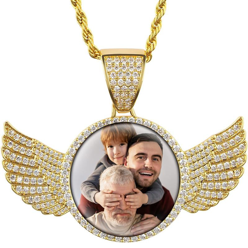 Fathers Day Gift Photo Necklacce for Men Women,Custom Photo Angel Wings Circular Pendant, Personalized Memorial Photo Pendant Necklace for Women Man