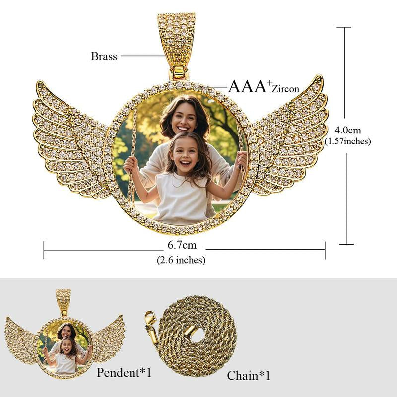 Fathers Day Gift Photo Necklacce for Men Women,Custom Photo Angel Wings Circular Pendant, Personalized Memorial Photo Pendant Necklace for Women Man