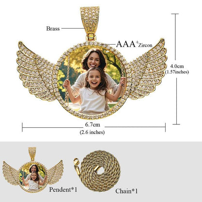 Fathers Day Gift Photo Necklacce for Men Women,Custom Photo Angel Wings Circular Pendant, Personalized Memorial Photo Pendant Necklace for Women Man